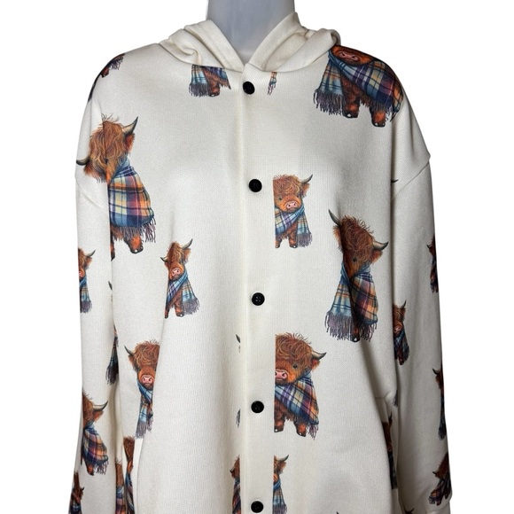 Highland Cow Sweatshirt White All Over Print Long Hoodie Button Front Size 2XL - Picture 3 of 6